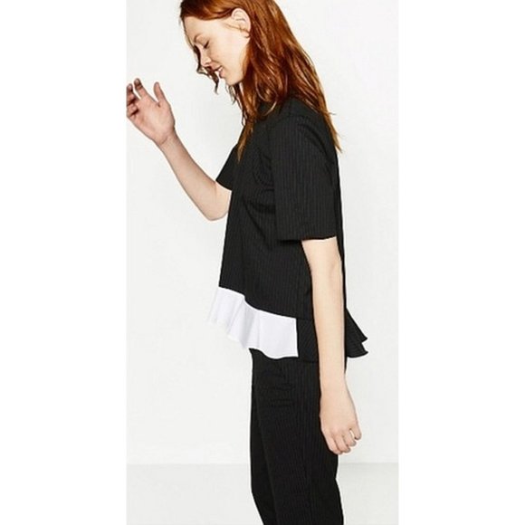 Zara Pinstriped Frilled Top Ruffle Striped High Mock Neck Peplum Back Zip Blouse - Picture 3 of 10